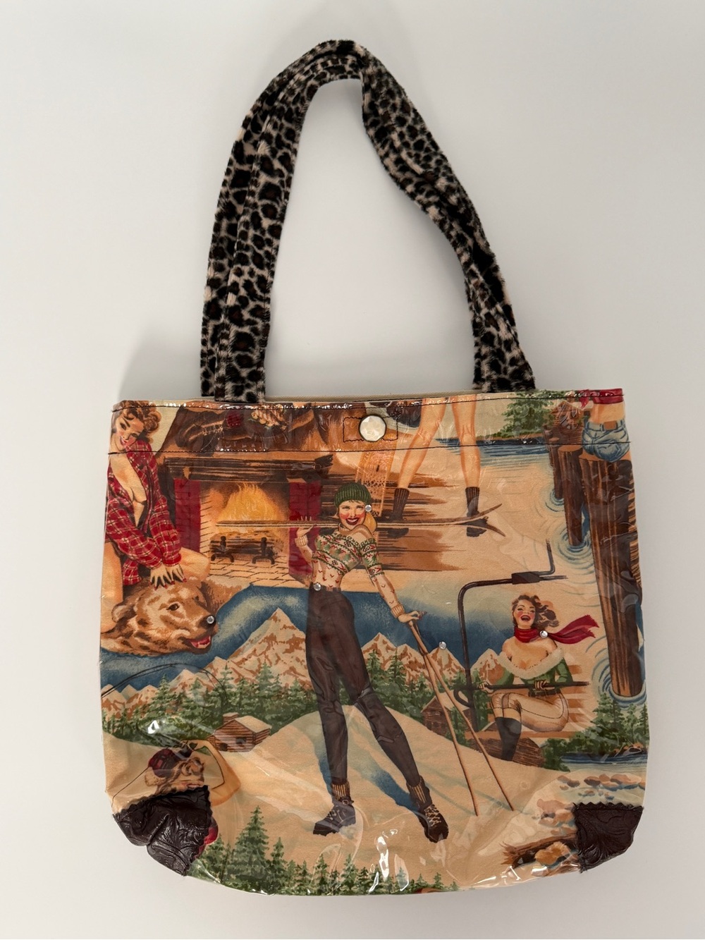 Vintage Pin Up Girl Tote Bag Vinyl Clear Coated Leopard Strap Cabin Ski Lodge